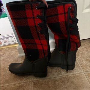 Coach Red and Black Plaid Winter Boots